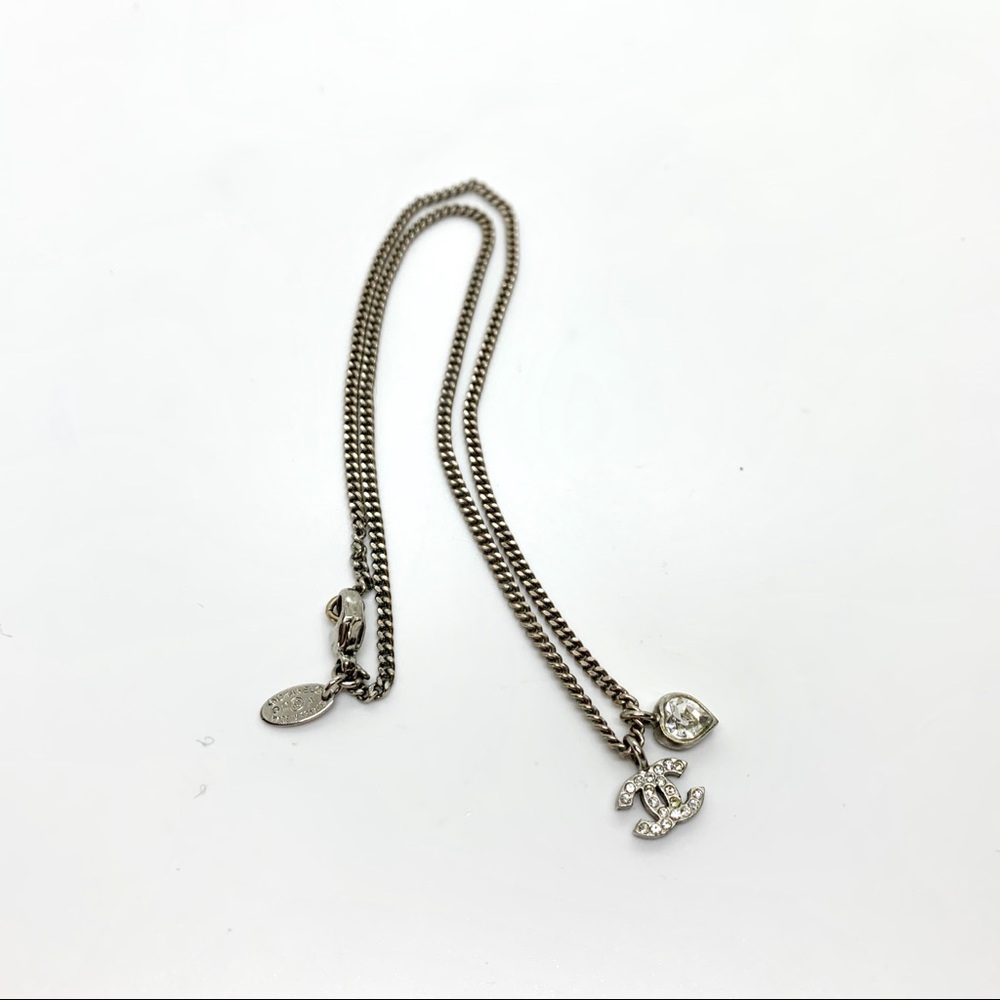 CHANEL Silver Crystal Heart CC Coco Pendant